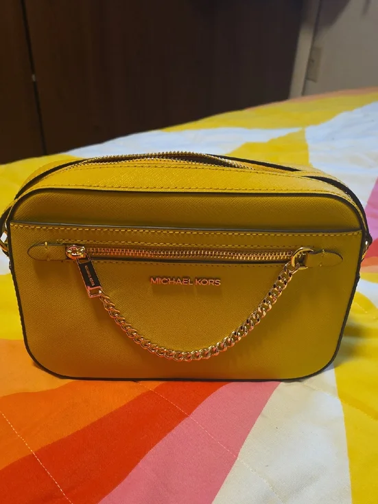 Michael Kors Bright Yellow Saffiano Crossbody Bag with Chain Accent - Picture 1 of 3